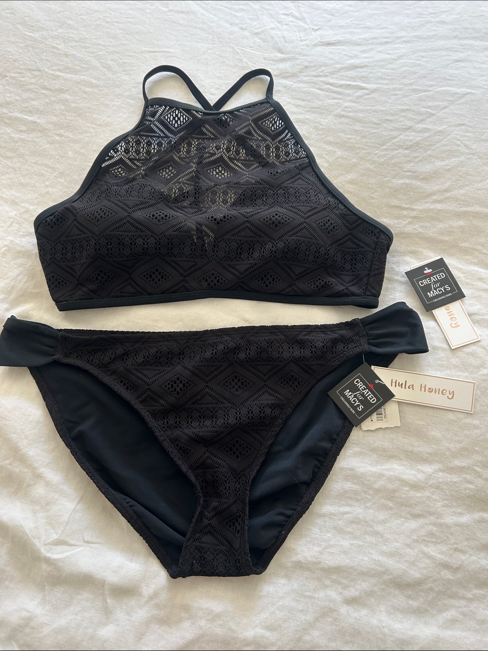 Hula Honey Black Lace High-Neck Bikini Top and Matching Bottoms